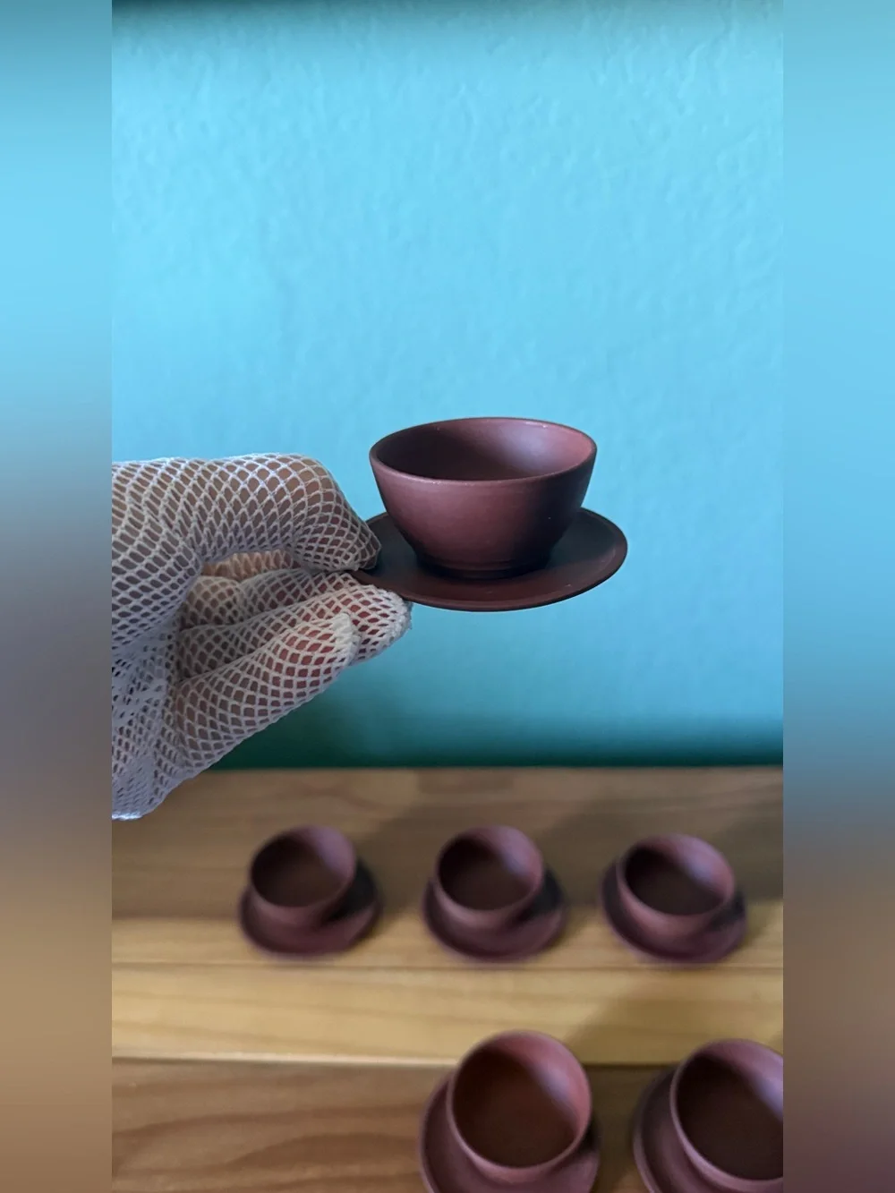 Set of 6 Chinese Yixing Style Purple Clay Tea Cups & Saucers Maker Mark
